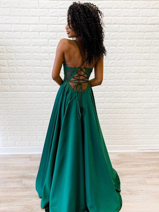 A Line V Neck Backless Lace Green Prom with Split, Backless Green Lace Bridelily A Line V Neck Backless Lace Green Prom with Split, Backless Green Lace Bridelily