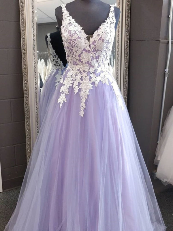 Elegant Purple Long A-line V-neck Sleeveless Backless Tulle Lace Formal Prom Dresses main image 1