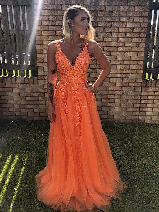 A Line V Neck Backless Lace Yellow Prom Dresses, V Neck Lace Formal Dresses, Yellow Lace Evening Dresses