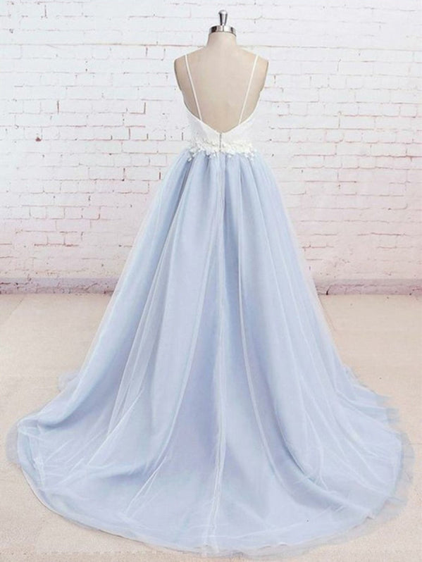 A Line V Neck Appliques Open Back Tulle Prom Dress LBQ3881 main image 1