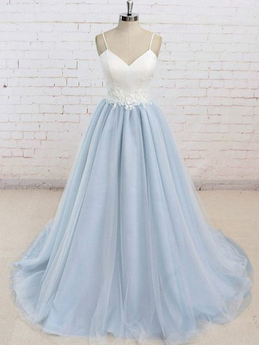 A Line V Neck Backless Light Blue Tulle Long Prom with White Lace Appl Bridelily A Line V Neck Backless Light Blue Tulle Long Prom with White Lace Appl Bridelily