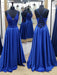 A Line V Neck Backless Long Blue Lace Prom Dresses, Backless Blue Lace Formal Graduation Evening Dresses
