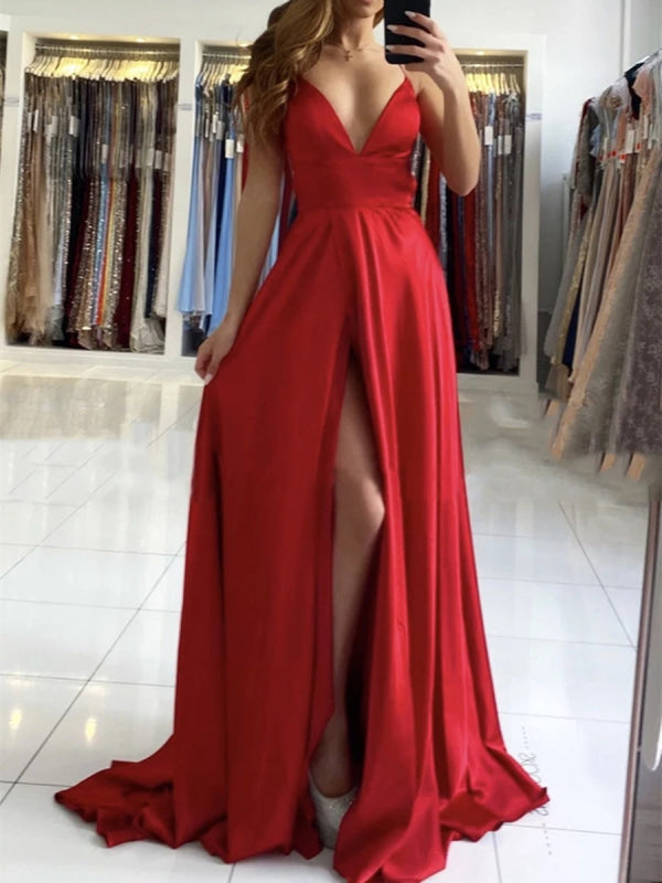 A-line Deep V-neck Long Sleeves Red Prom Dresses With Split, PD0810
