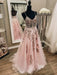 A Line V Neck Backless Pink Lace Floral Long Prom Dresses, Long Pink Lace Formal Graduation Evening Dresses