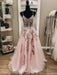 A Line V Neck Backless Pink Lace Floral Long Prom Dresses, Long Pink Lace Formal Graduation Evening Dresses