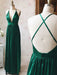A Line V Neck Backless Pleated Emerald Green Long Prom Dresses, V Neck Backless Emerald Green Formal Graduation Evening Dresses