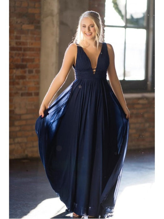 A Line V Neck Backless Pleated Pearl Pink/Navy Blue Chiffon Long Prom Dresses, Pink/Navy Blue Formal Graduation Evening Dresses