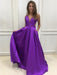 A Line V Neck Backless Purple Satin Long Prom Dresses, Backless Purple Ball Gown, V Neck Purple Formal Graduation Evening Dresses