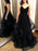 A Line V Neck Backless Sequins Black Long Prom Dresses, Backless Black Formal Dresses, Black Evening Dresses