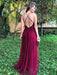 A Line V Neck Backless Sequins Top Burgundy Prom Dresses with Slit, V Neck Backless Burgundy Formal Dresses, Burgundy Evening Dresses