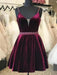 A Line V Neck Beaded Burgundy Velvet Prom Dresses, Burgundy Homecoming Dresses, Short Maroon Formal Evening Dresses with Belt 