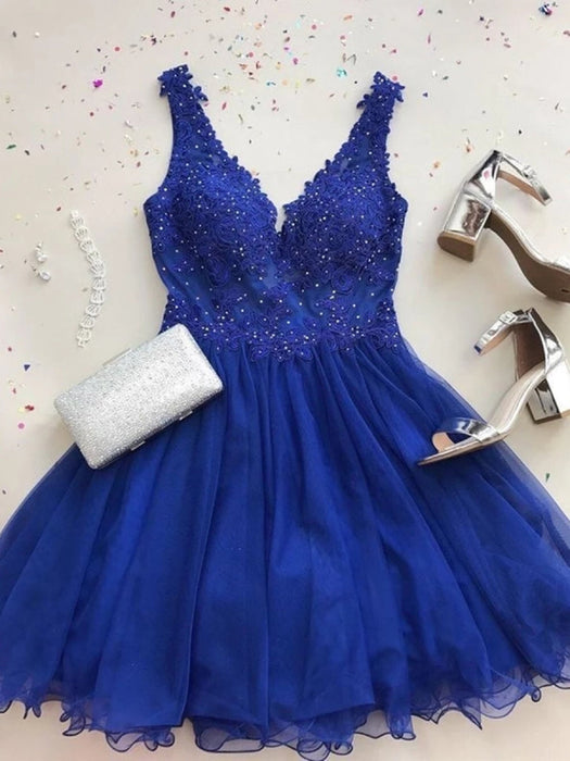 A Line V Neck Beaded Lace Royal Blue Short Prom Homecoming, Royal Blue Bridelily A Line V Neck Beaded Lace Royal Blue Short Prom Homecoming, Royal Blue Bridelily