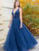 A Line V Neck Beaded Navy Blue Long Prom Dresses, V Neck Dark Blue Tulle Long Formal Evening Dresses
