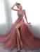 A Line V Neck Beaded Pink Tulle Long Prom Dresses with Corset Back High Slit, Pink V Neck Formal Dresses, Graduation Dresses