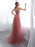 A Line V Neck Beaded Pink Tulle Long Prom Dresses with Corset Back High Slit, Pink V Neck Formal Dresses, Graduation Dresses
