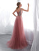 A Line V Neck Beaded Pink Tulle Long Prom Dresses with Corset Back High Slit, Pink V Neck Formal Dresses, Graduation Dresses