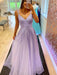 A Line V Neck Beaded Purple Lace Long Prom Dresses, Lilac Lace Formal Dresses, Lavender Evening Dresses 