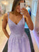 A Line V Neck Beaded Purple Lace Long Prom Dresses, Lilac Lace Formal Dresses, Lavender Evening Dresses 
