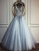 A Line V Neck Beaded Sequins Blue Tulle Long Prom Dresses, Blue Formal Dresses, V Neck Blue Evening Dresses