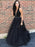 A Line V Neck Beading Black Tulle Long Prom Dresses, V Neck Black Formal Dresses, Black Evening Dresses