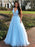 A Line V Neck Beading Light Blue Long Prom Dresses with Beaded Belt, Blue Formal Dresses, Evening Dresses