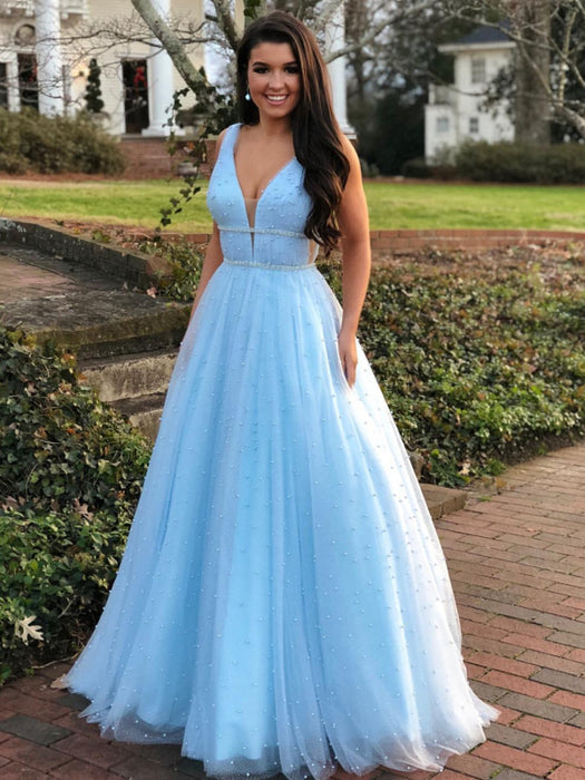 A Line V Neck Beading Light Blue Long Prom with Beaded Belt, Blue Form Bridelily A Line V Neck Beading Light Blue Long Prom with Beaded Belt, Blue Form Bridelily