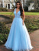 A Line V Neck Beading Light Blue Long Prom Dresses with Beaded Belt, Blue Formal Dresses, Evening Dresses