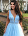 A Line V Neck Beading Light Blue Long Prom Dresses with Beaded Belt, Blue Formal Dresses, Evening Dresses