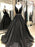 A Line V Neck Black Lace Long Prom Dresses, Lace Black Formal Dresses, Black Evening Dresses