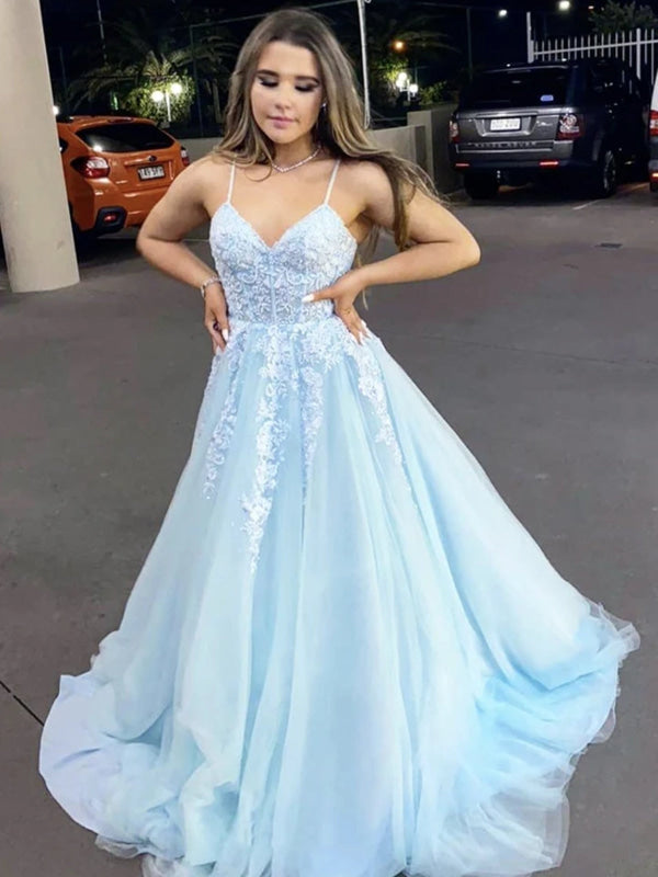 V Neck Long Blue Lace Evening Prom Dress, Blue Long Lace Formal Evening Bridesmaid Dress