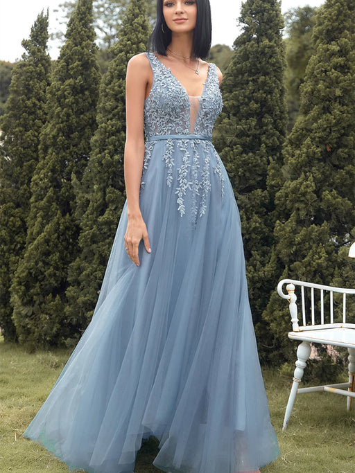 A Line V Neck Blue Lace Tulle Long Prom Dresses, Blue Lace Formal Dres Bridelily A Line V Neck Blue Lace Tulle Long Prom Dresses, Blue Lace Formal Dres Bridelily