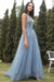 A Line V Neck Blue Lace Tulle Long Prom Dresses, Blue Lace Formal Dresses, Blue Evening Dresses 
