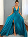 A Line V Neck Blue Long Prom Dresses with Leg Slit, V Neck Blue Graduation Dresses, Blue Bridesmaid Dresses