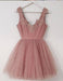 A-Line V-Neck Blush Pink Sleeveless Homecoming Appliqued Short Tulle Prom Dress - Prom Dresses