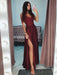 A Line V Neck Burgundy Lace Prom Dresses with Side Slit, Burgundy Lace Graduation Dresses, Burgundy Lace Formal Dresses