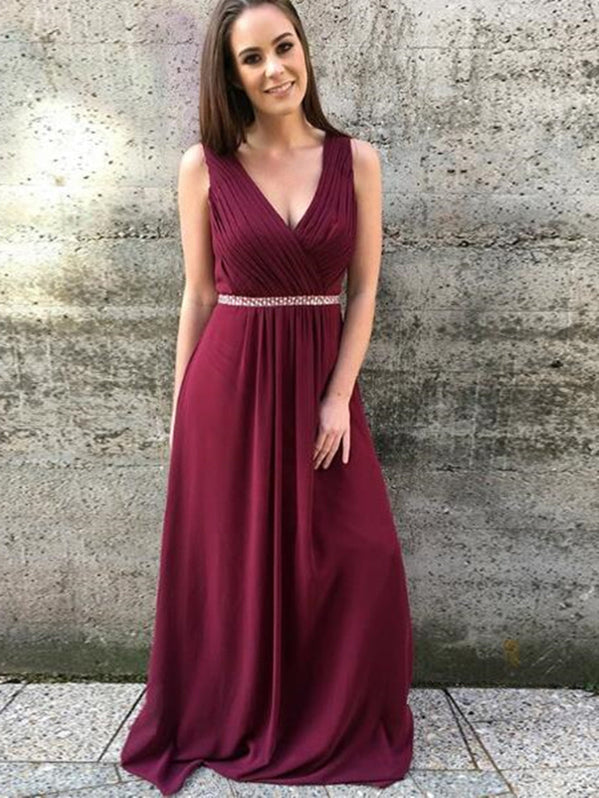 A Line V Neck Burgundy Long Prom Dresses, V Neck Burgundy Formal Gradu ...