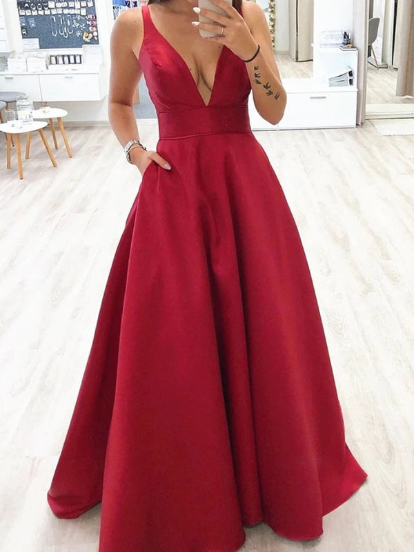 V-neck Long Lace Prom Dresses Burgundy