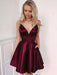 A Line V Neck Burgundy Satin Homecoming Dresses Short Prom Dresses, Burgundy Formal Dresses, Burgundy Evening Dresses
