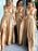 A Line V Neck Champagne Prom Dresses with Slit, Champagne V Neck Bridesmaid Dresses, Graduation Dresses, Formal Dresses