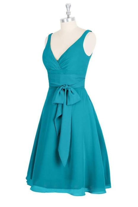 A-line V-neck Chiffon Turquoise Homecoming Dresses - Prom Dresses