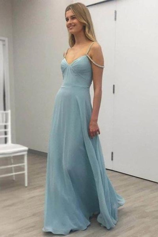 A-line V-neck Floor-length Chiffon Prom with Beading Straps Evening Dresses - Prom Dresses