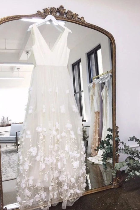 A Line V Neck Floor Length Ivory Sleeveless Wedding Dress - Wedding Dresses