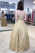 A Line V Neck Golden Lace Long Prom Dresses, Shiny Open Back Golden Lace Formal Evening Dresses