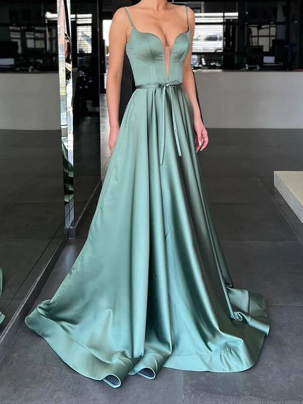 Simple A Line V Neck Green Satin Long Prom Dress, V Neck Green Formal Graduation Evening Dress Y215 main image 1