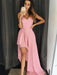 A Line V Neck High Low Pink Long Prom Dresses, Pink Formal Dresses, Simple Pink Evening Dresses 2019
