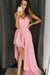 A Line V Neck High Low Pink Simple Long Prom Dresses Unique Chiffon Formal Dress - Prom Dresses