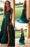 A Line V Neck High Green Satin Long Prom Dresses with Train, Green Formal Dresses, Evening Dresses 2019