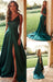 A Line V Neck High Green Satin Long Prom Dresses with Train, Green Formal Dresses, Evening Dresses 2019