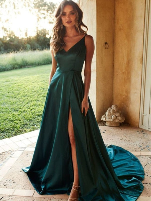 A Line V Neck High Green Satin Long Prom Dresses with Train, Green Formal Dresses, Evening Dresses 2019