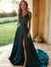 A Line V Neck High Green Satin Long Prom Dresses with Train, Green Formal Dresses, Evening Dresses 2019